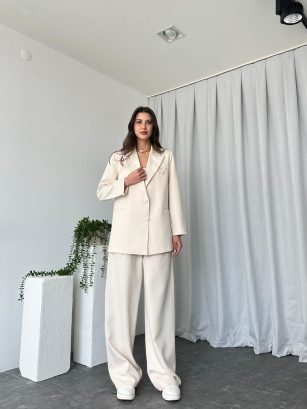 Kadın Oversize Krem Aster Ceket Pantolon Takım