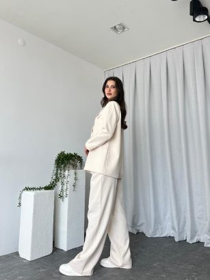 Kadın Oversize Krem Aster Ceket Pantolon Takım