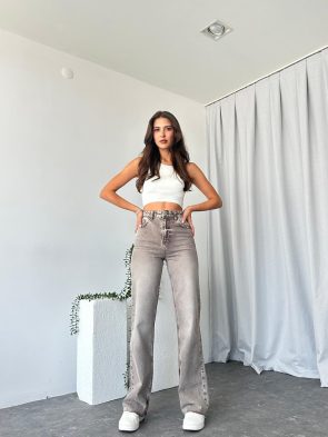 Kadın Bej Tint Yıkama Wide Leg Jean