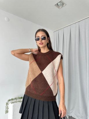 Kahverengi Baklava Desen Süveter