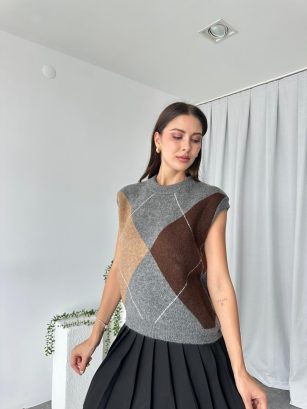 Gri Baklava Desen Süveter