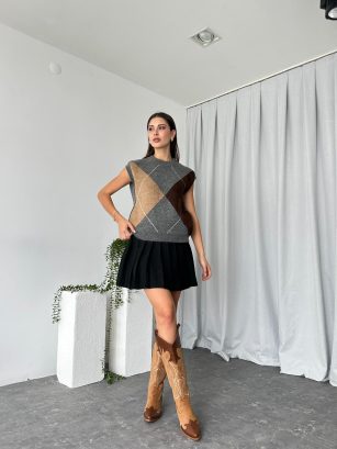 Gri Baklava Desen Süveter