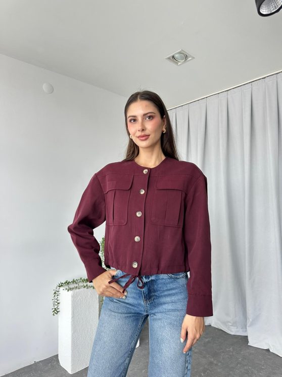 Kadın Bordo Cepli Kısa Ceket