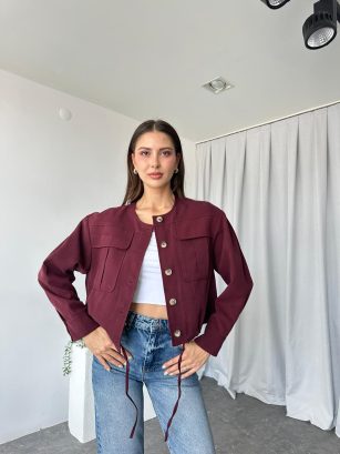 Kadın Bordo Cepli Kısa Ceket