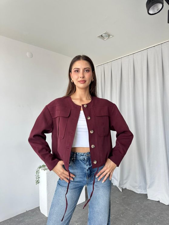 Kadın Bordo Cepli Kısa Ceket