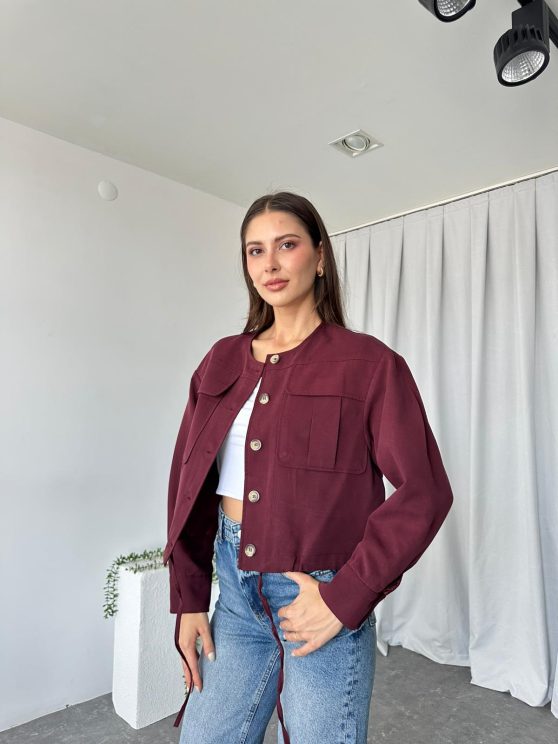 Kadın Bordo Cepli Kısa Ceket