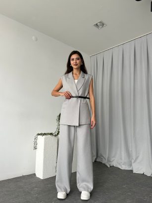 Kadın Gri Sasha Yün Efekt Yelek-Takım Kadın Gri Sasha Yün Efekt Yelek-Takım