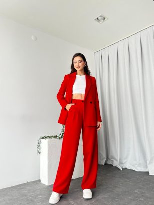 Kadın Kırmızı Oversize Ceket Pantolon Takım