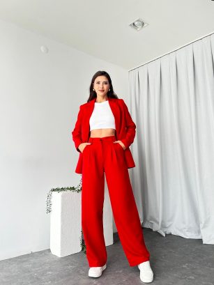 Kadın Kırmızı Oversize Ceket Pantolon Takım