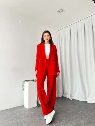 Kadın Kırmızı Oversize Ceket Pantolon Takım