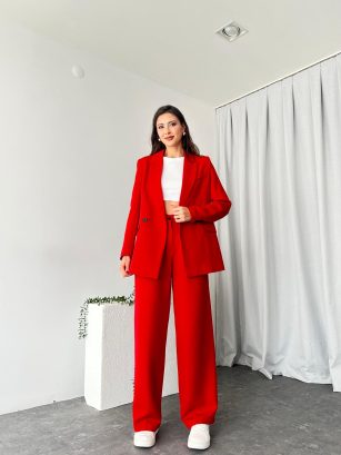 Kadın Kırmızı Oversize Ceket Pantolon Takım