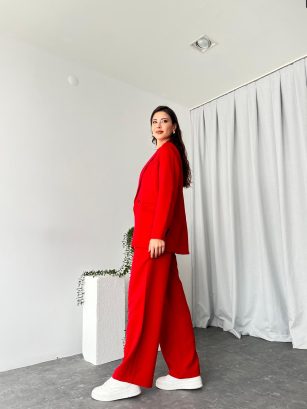 Kadın Kırmızı Oversize Ceket Pantolon Takım