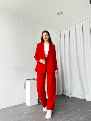 Kadın Kırmızı Oversize Ceket Pantolon Takım