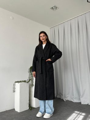 Yün Efekt Çizgili Kaşe Kaban (Siyah)
