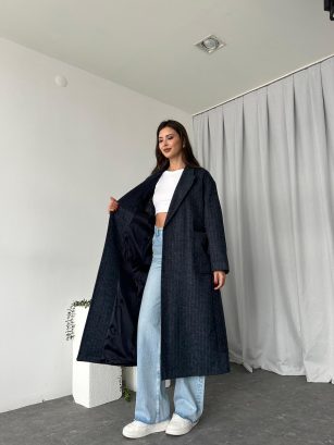 Yün Efekt Çizgili Kaşe Kaban (Lacivert)