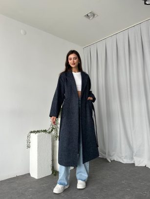 Yün Efekt Çizgili Kaşe Kaban (Lacivert)