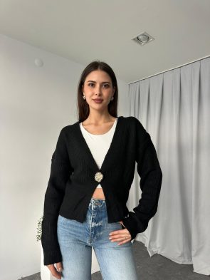 Düğme Detaylı Siyah Hırka Düğme Detaylı Siyah Hırka