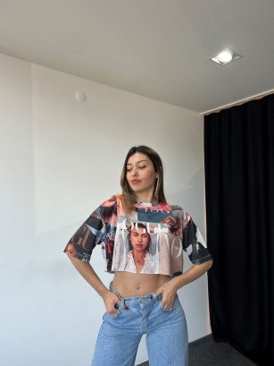 Kadın Baskılı Crop Model Tişört