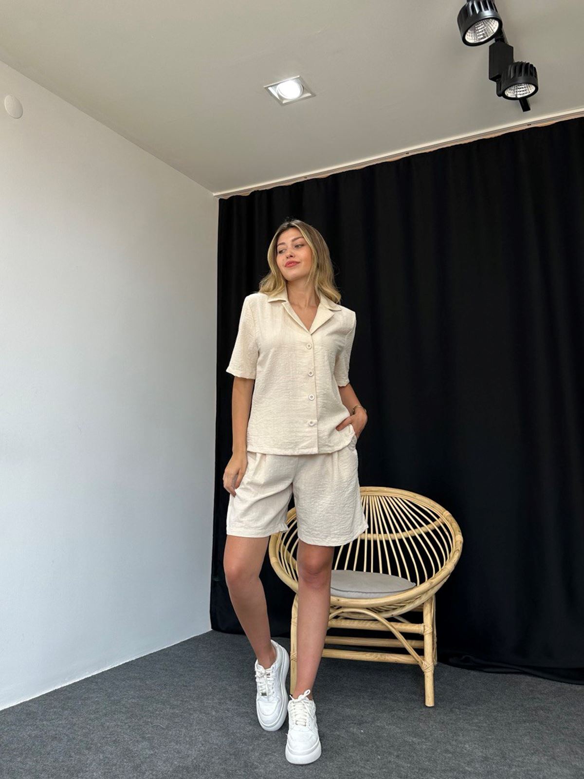 Şortlu Taş Rengi İkili Takım