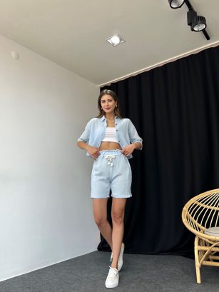 Bebek Mavisi Şortlu Müslin Takım