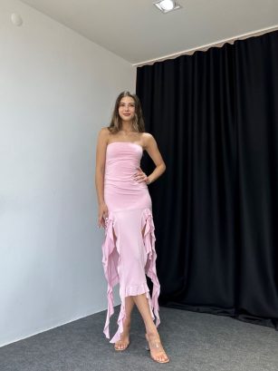 Toz Pembe Fırfırlı Straplez Elbise