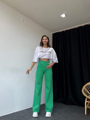 Orijinal Marka Ultra Yüksek Bel Garden Green Wide Leg Jean