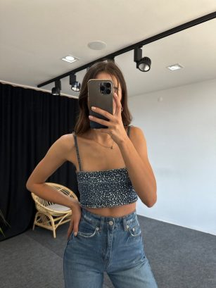 Taş Detaylı Denim Crop
