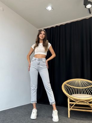 Orj Marka Ultra Yüksek Bel Paça Detaylı Gri Kar Yıkama Mom Jean