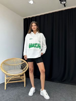 Lena Üç iplik Beyaz Baskılı Sweat