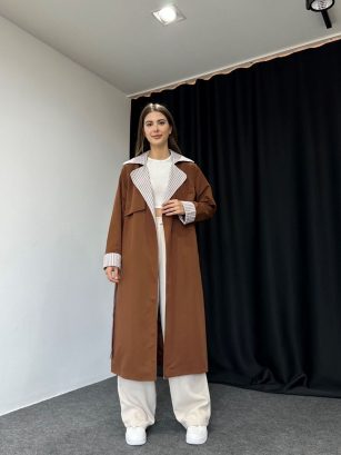 Premium Kahverengi Çizgili Trençkot