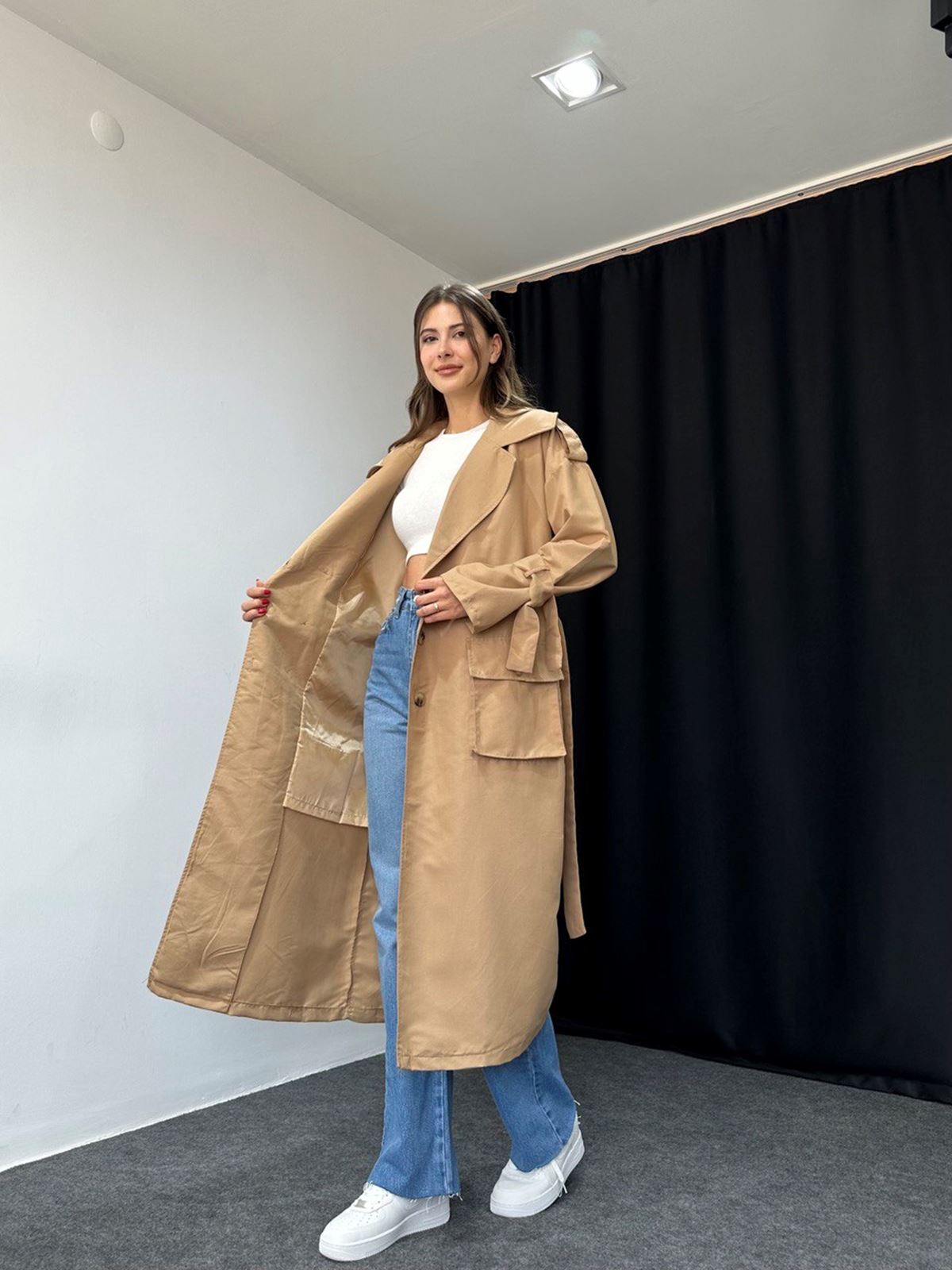 Kuşaklı Camel Rengi Trençkot - Görsel 6