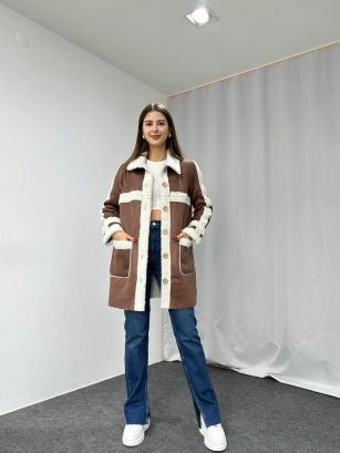 İçi Suni Kürklü  Deri  Kısa Kaban - Kahverengi