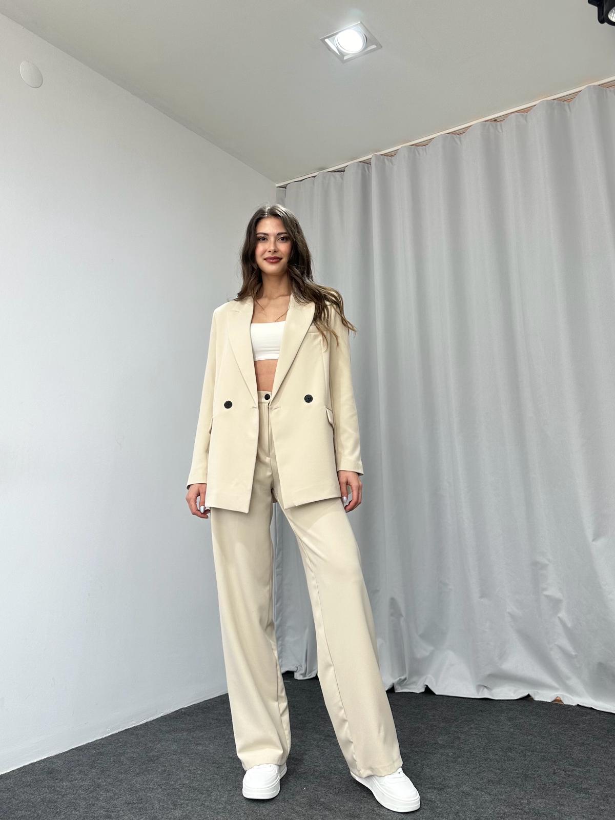 Kadın Krem Oversize Ceket Pantolon Takım - Görsel 10
