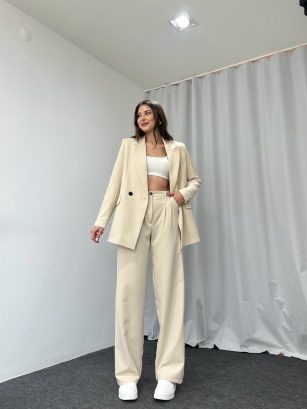 Kadın Krem Oversize Ceket Pantolon Takım