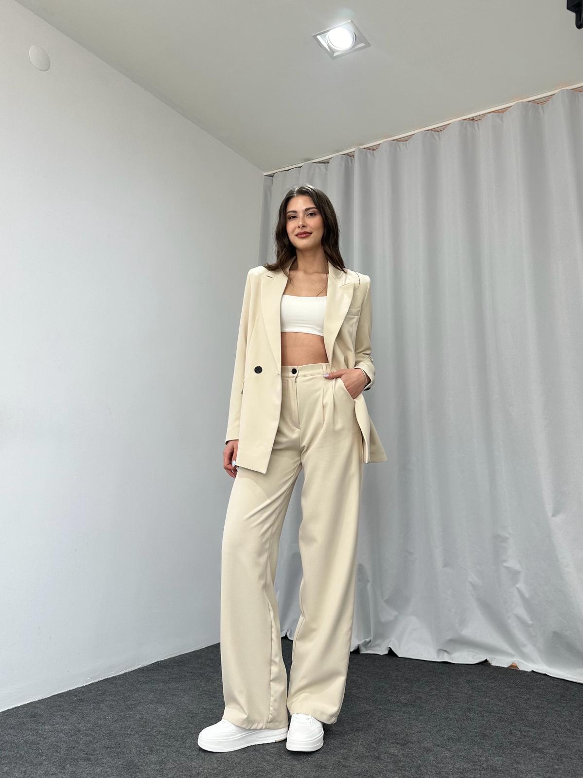 Kadın Krem Oversize Ceket Pantolon Takım - Görsel 2