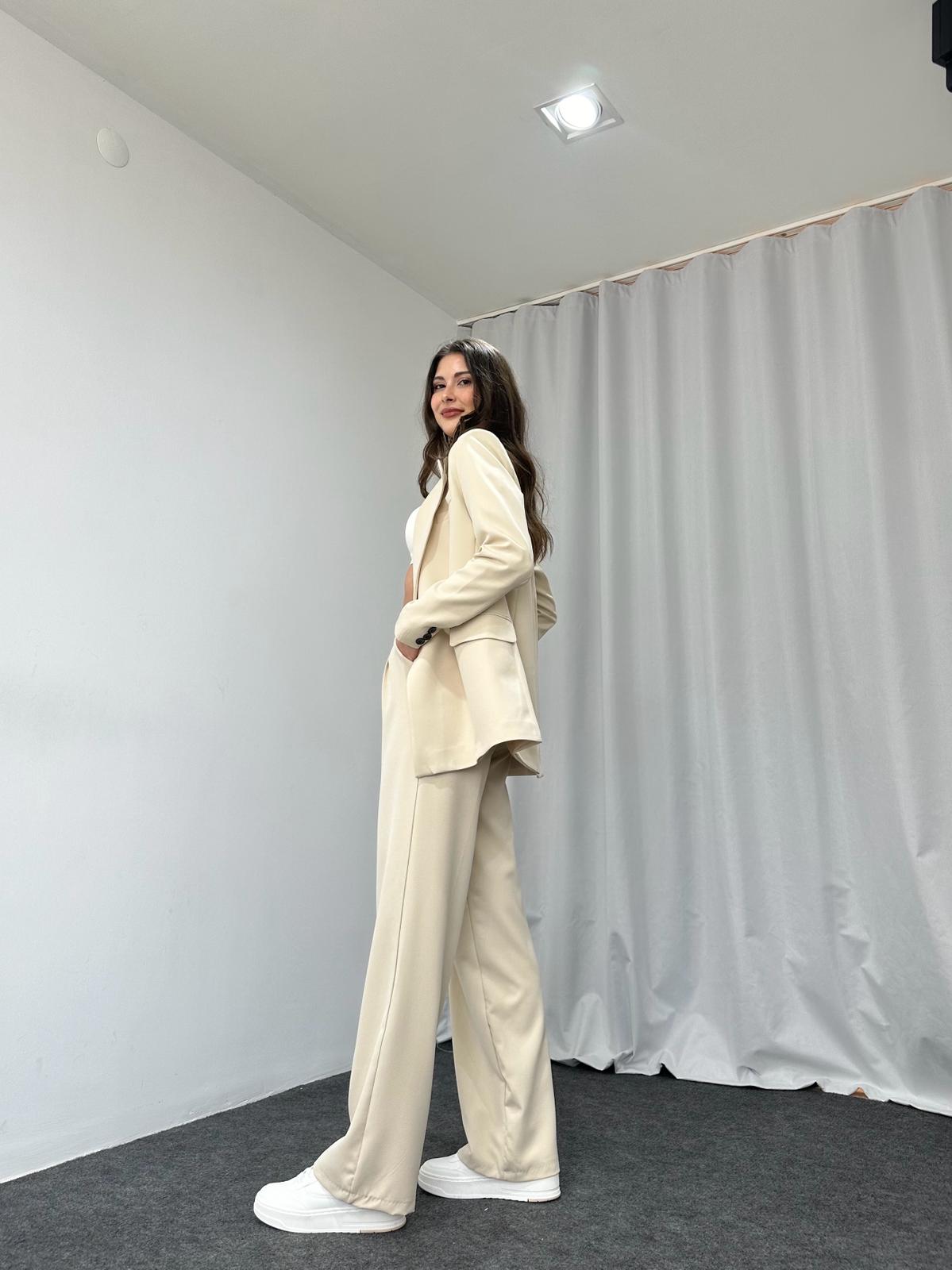 Kadın Krem Oversize Ceket Pantolon Takım - Görsel 7