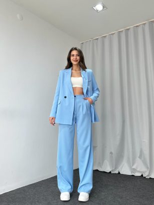 Kadın Bebek Mavisi Oversize Ceket Pantolon Takım