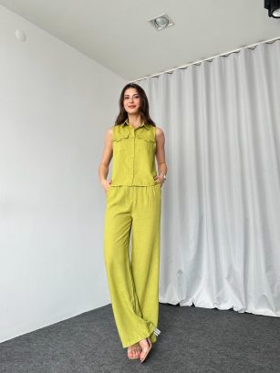Düğmeli Gömlek-Pantalon Takım (Yağ Yeşili)