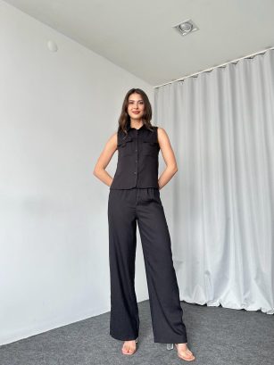 Düğmeli Gömlek-Pantalon Takım (Siyah)