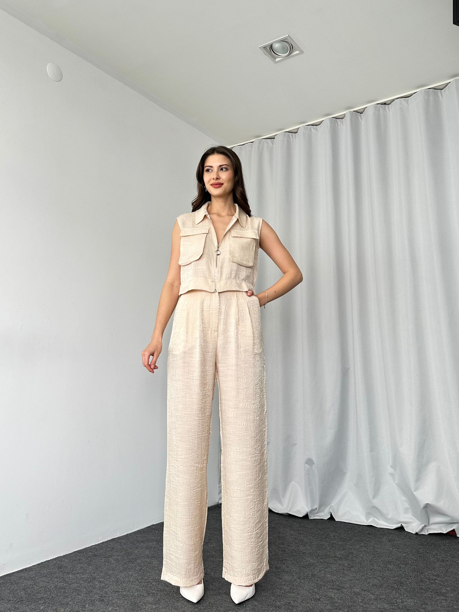 Fermuarlı Gömlek-Plazzo Takım( Taş rengi) - Görsel 2