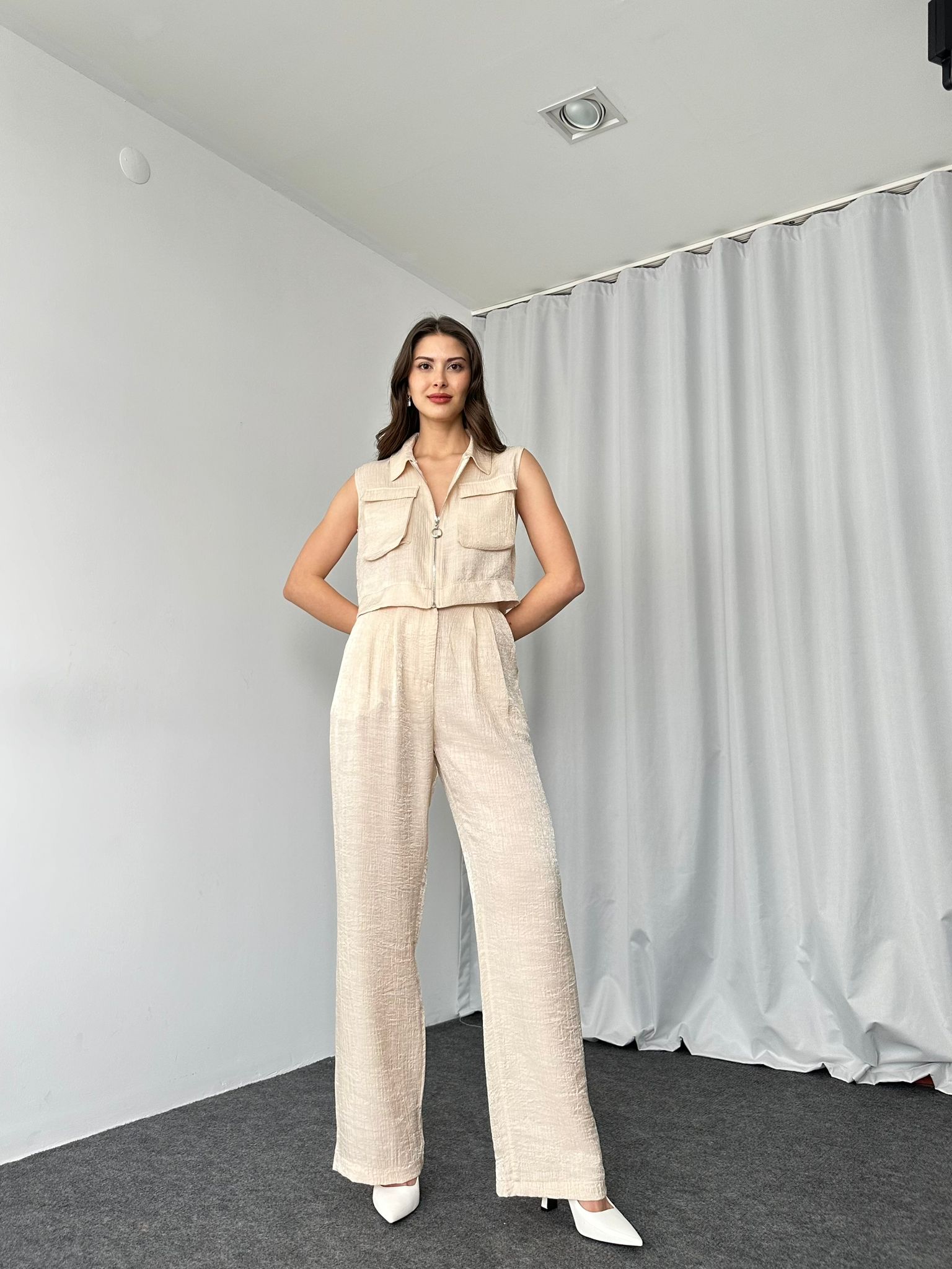 Fermuarlı Gömlek-Plazzo Takım( Taş rengi) - Görsel 10