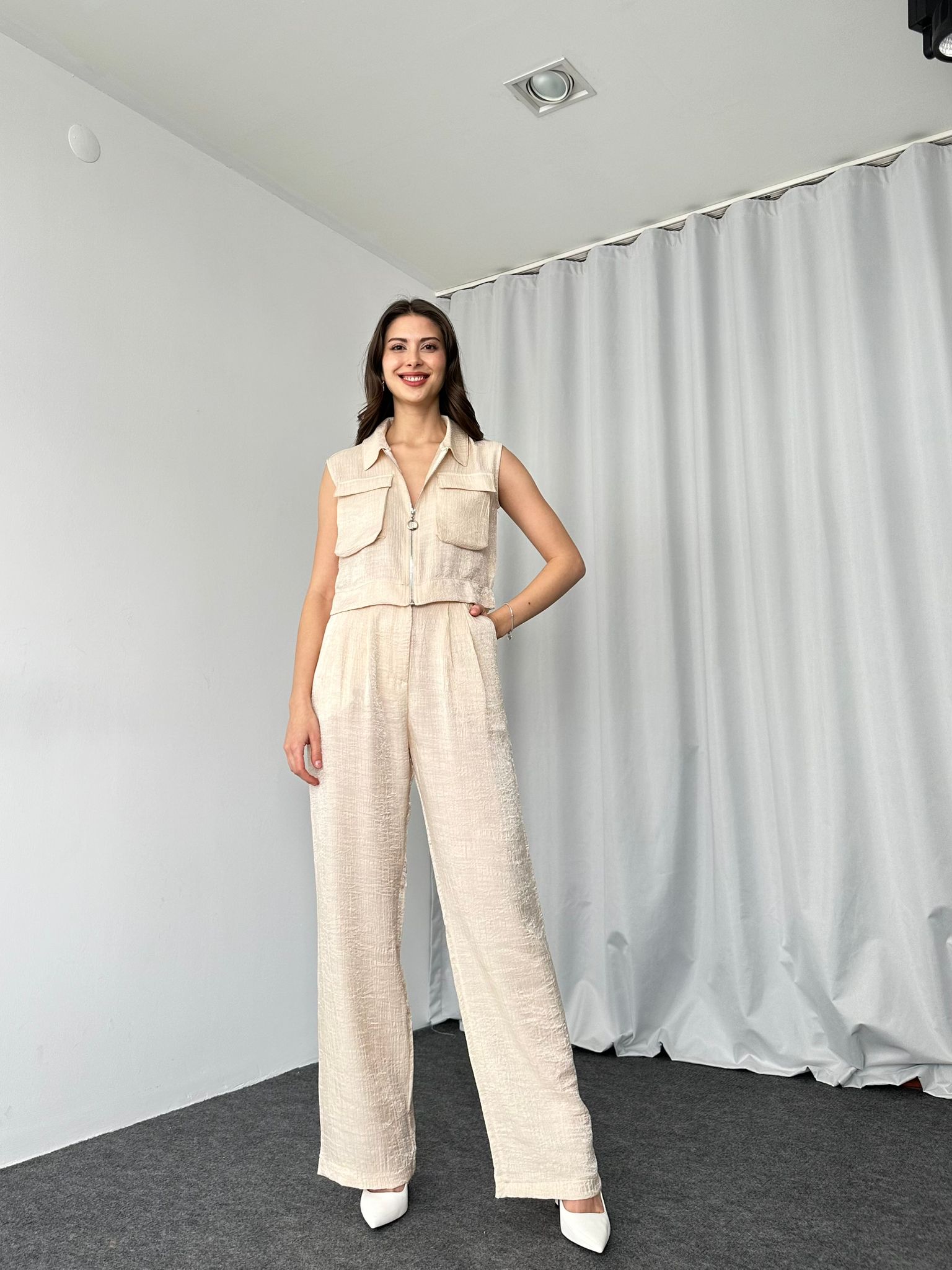 Fermuarlı Gömlek-Plazzo Takım( Taş rengi) - Görsel 8