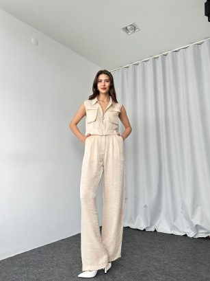 Fermuarlı Gömlek-Plazzo Takım( Taş rengi)