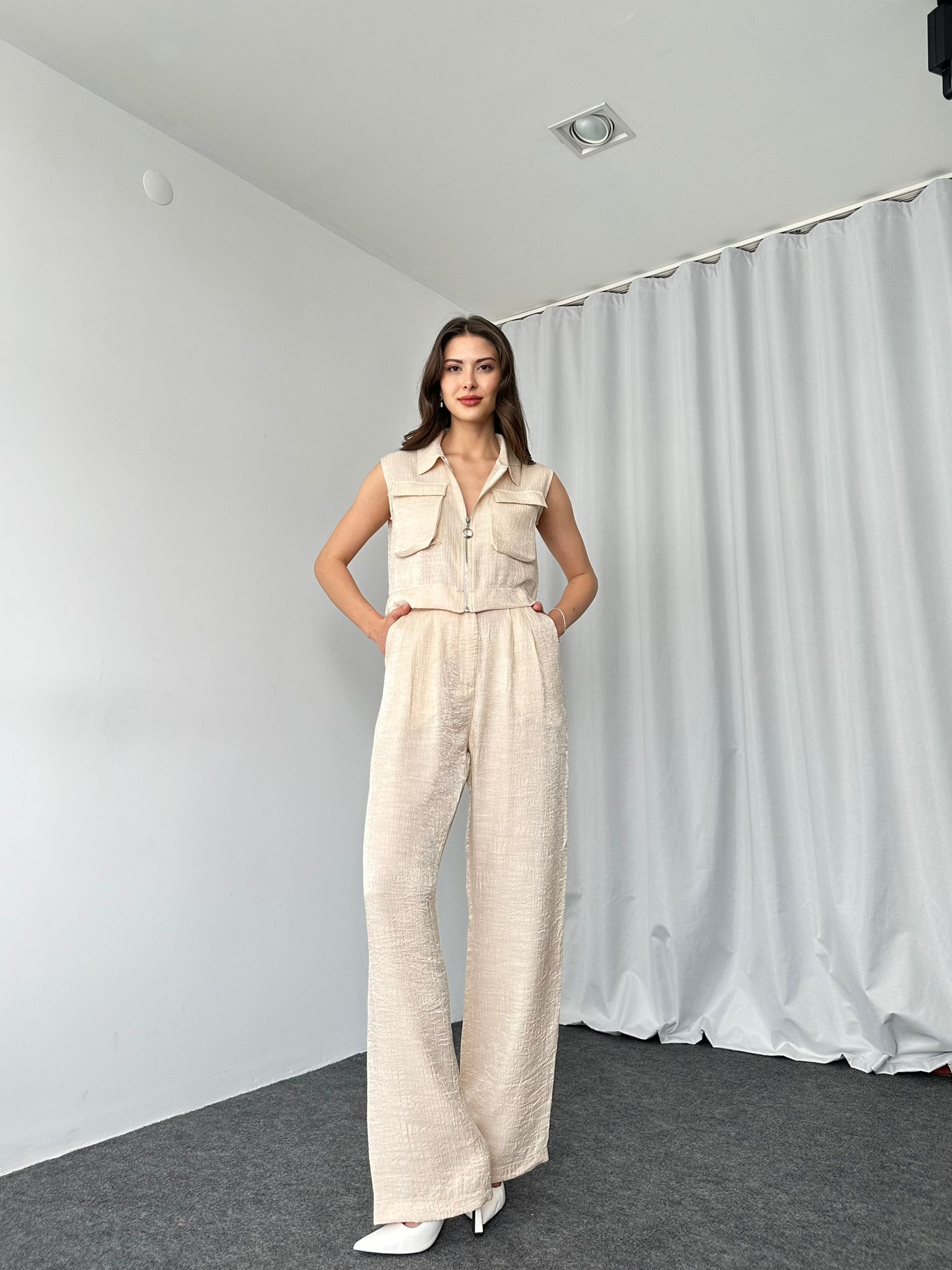 Fermuarlı Gömlek-Plazzo Takım( Taş rengi)