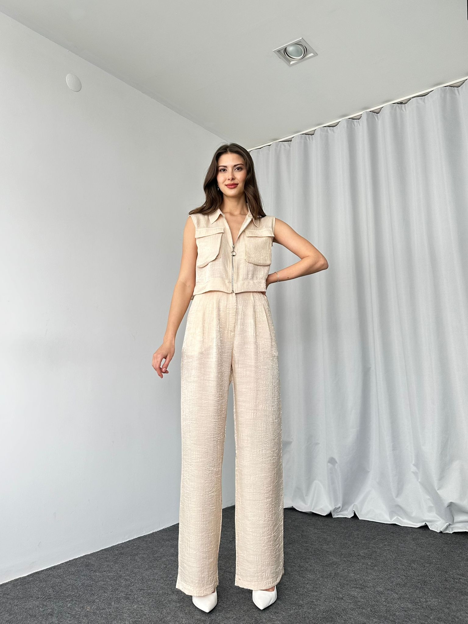 Fermuarlı Gömlek-Plazzo Takım( Taş rengi) - Görsel 5