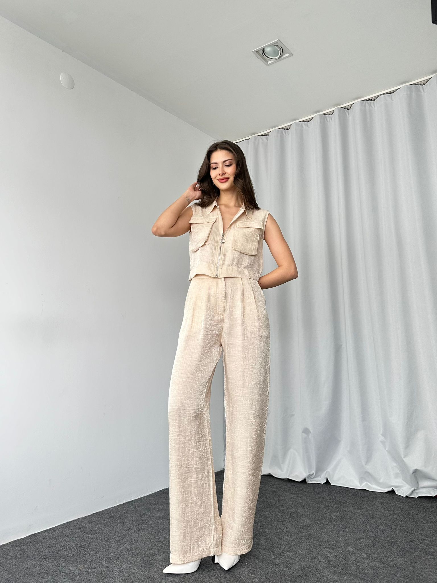 Fermuarlı Gömlek-Plazzo Takım( Taş rengi) - Görsel 4