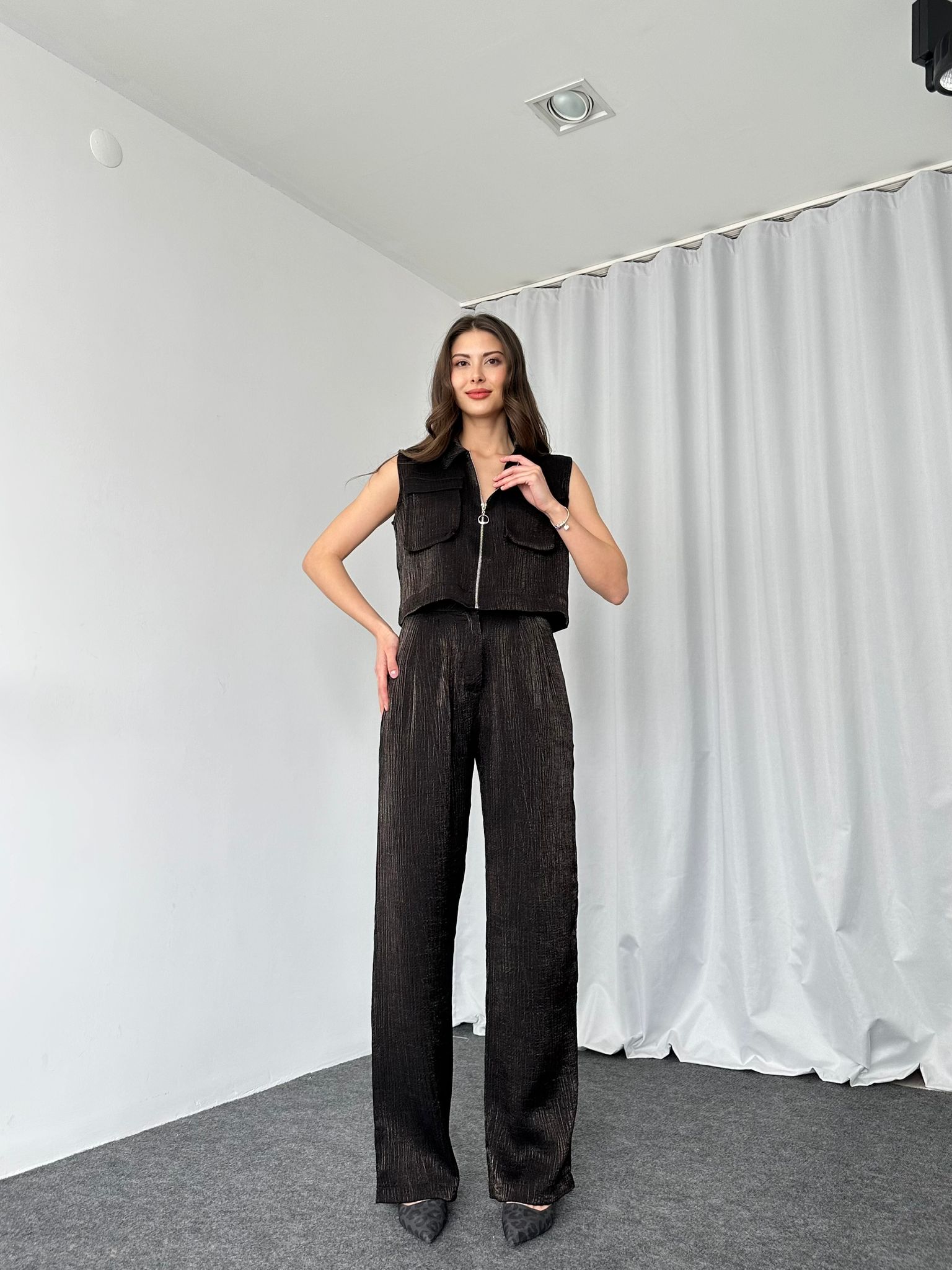 Fermuarlı Gömlek-Plazzo Takım (Siyah) - Görsel 6