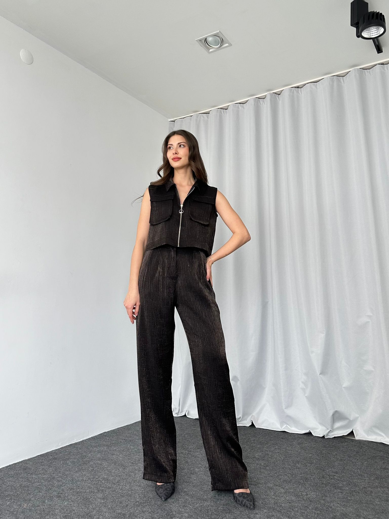 Fermuarlı Gömlek-Plazzo Takım (Siyah) - Görsel 4