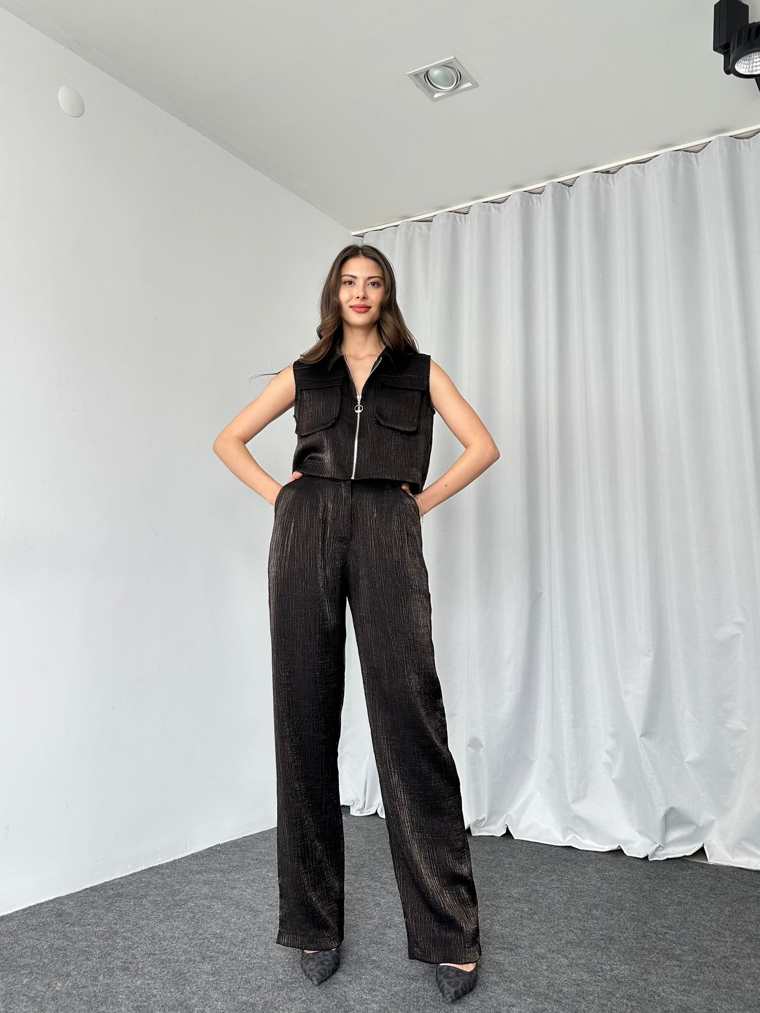 Fermuarlı Gömlek-Plazzo Takım (Siyah) - Görsel 5