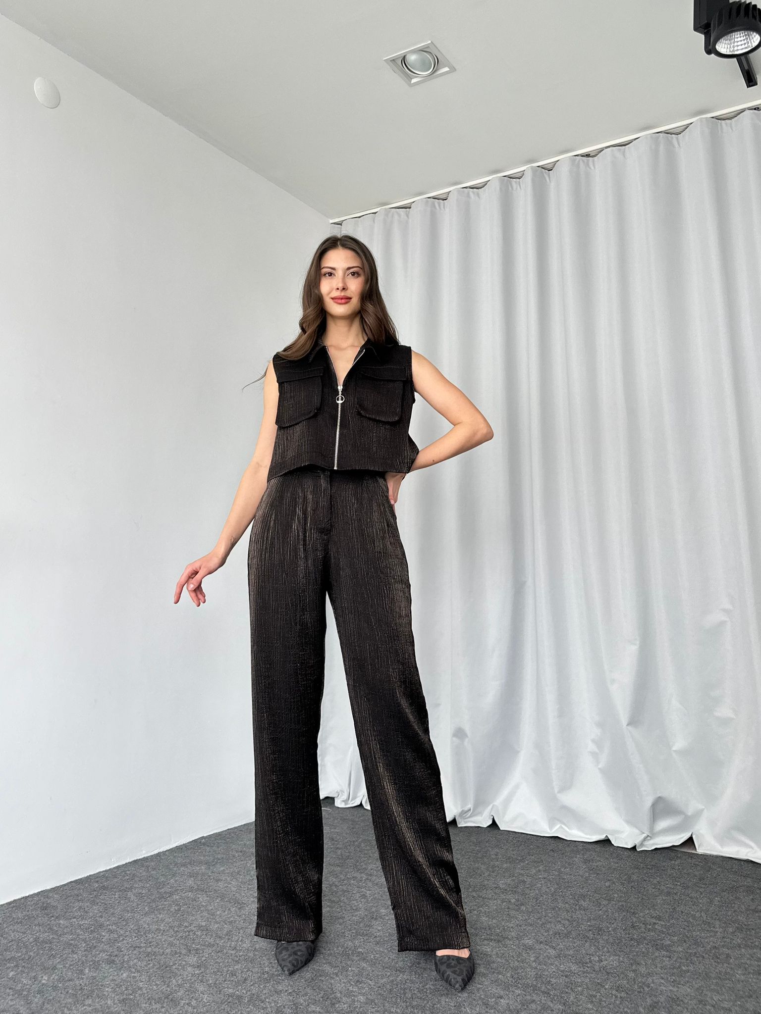 Fermuarlı Gömlek-Plazzo Takım (Siyah) - Görsel 3